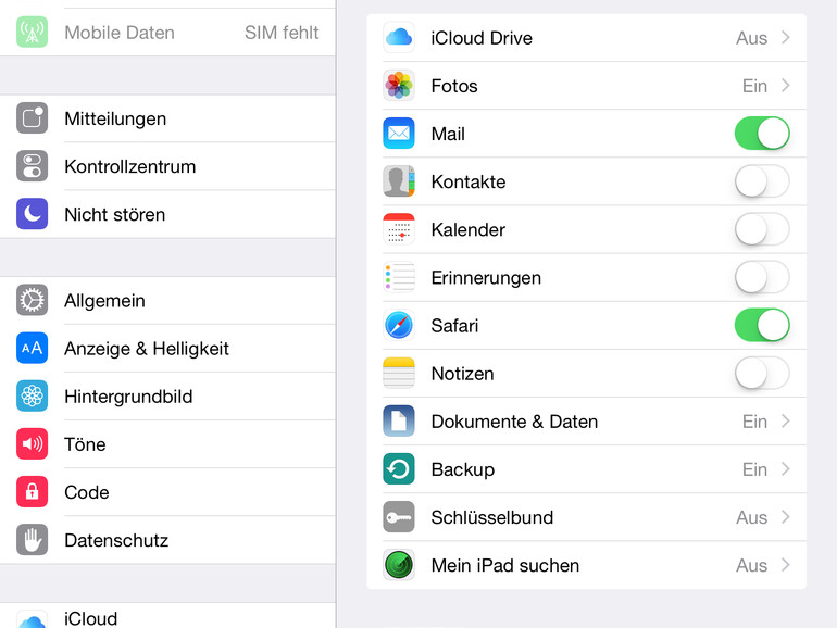 Anwender können festlegen, welche Daten mit der iCloud synchronisiert werden sollen.