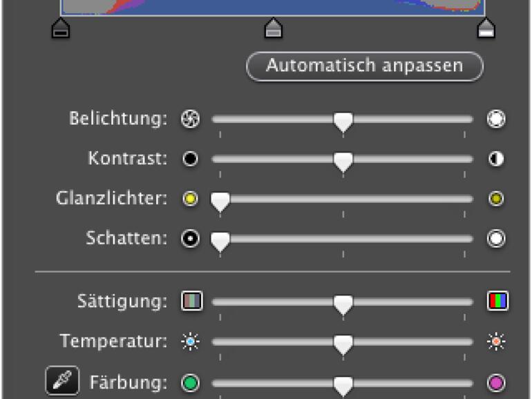 Nach Druck auf den Schalter „Automatisch anpassen“ schlägt Vorschau eine Optimierung vor. Per Schieberegler können Sie das Ergebnis beeinflussen. Ein Klick auf „Alle zurücksetzen“ stellt den Ursprungszustand wieder her