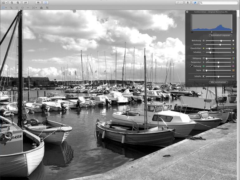 Möchten Sie ein Foto zu einem Schwarzweißbild machen, schieben Sie den Regler „Sättigung“ ganz nach links