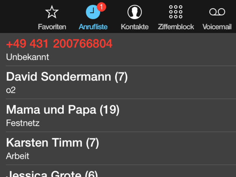 Die Übersicht verpasster Anrufe gestaltet sich praktisch identisch, zu der Ansicht auf dem iPhone.