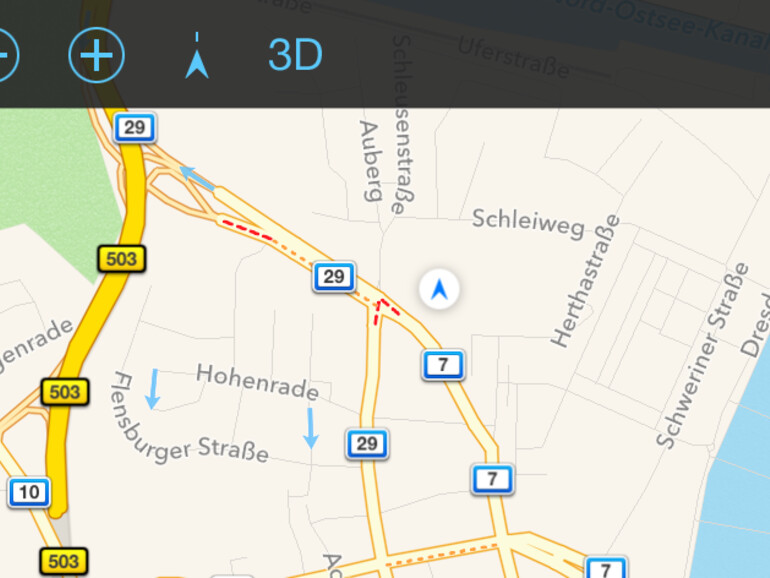 Die Karten-Ansicht ist ohne festgelegte Route auf das absolut Nötigste reduziert. Man sieht, wo man sich befindet und in welche Richtung man sich bewegt.
