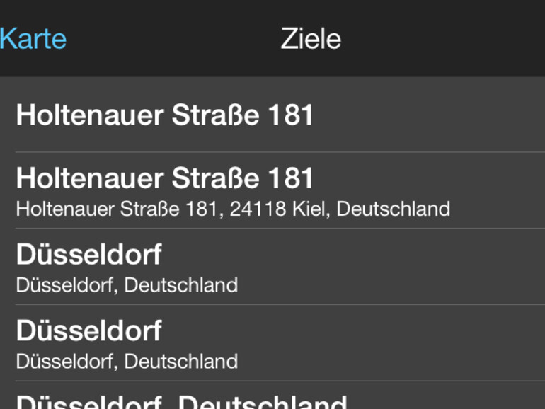 Ein Tap auf „Ziele“ zeigt eine Liste mit zuletzt angefahrenen Orten an.