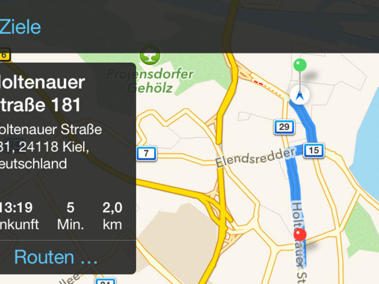 Ist eine Route gewählt, werden zunächst ein paar Informationen dazu angezeigt. Die Länge der Strecke, die voraussichtlich Fahr- und Ankunftzeit.