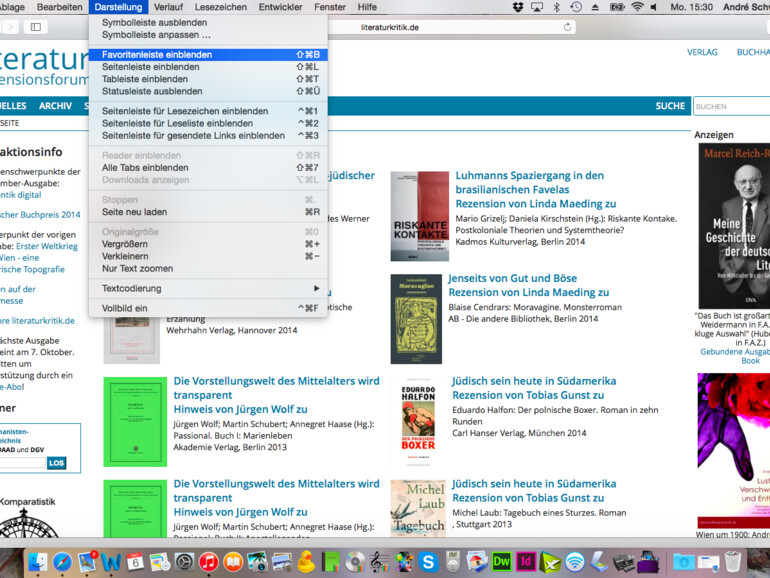 Nützlich ist es aber, zumindest seine Lesezeichen einzublenden. Allzu viel Platz nehmen diese nicht weg. Dafür klicken Sie im Menü „Darstellung“ auf „Favoritenleiste einblenden“. Danach sehen Sie eine schmale ...