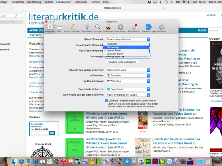 ... Startseite. Sie können hier getrennt für neue Fenster und neue  Tabs wählen, ob Safari eine leere Seite, eine unten angebbare Homepage oder eine der Seiten aus Ihrer Favoritenliste anzeigen soll.