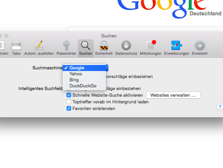 Wenn Sie schon in den Einstellungen sind: Unter dem Reiter „Suchen“ können Sie die Suchmaschine verändern. Unter „Suchmaschine“ wählen aus zwischen Google, Yahoo, Bing und DuckDuckGo.