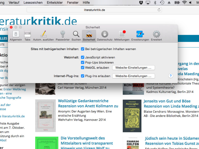 Wenn Sie ein Auge auf Ihre Daten haben möchten: Unter dem Reiter „Sicherheit“ finden Sie die Aktivierung bzw. Deaktivierung von Javaskript und den Pop-Up-Blocker. Vor allem letzterer leistet gute Dienste.
