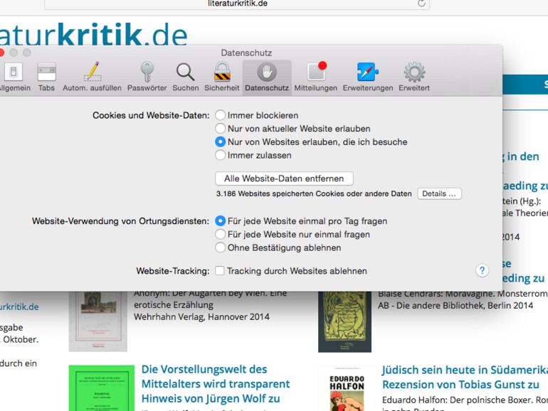 Unter dem Reiter „Datenschutz“ finden Sie die Cookie-Einstellungen und können festlegen, ob Webseiten die Ortungsdienste verwenden dürfen. Außerdem ist es möglich, das Webseitentracking auszuschalten.