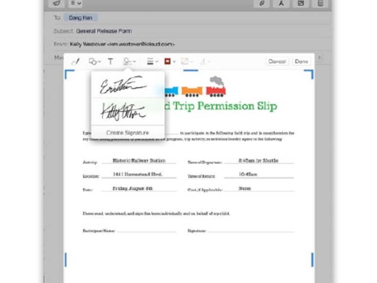Markup: Die Markierungsfunktion ist ein sehr praktisches neues Feature in Apple Mail, das sogar Unterschriften via Trackpad erlaubt. Oder Sie lesen Ihre Unterschrift per Kamera von einem Blatt Papier ein.