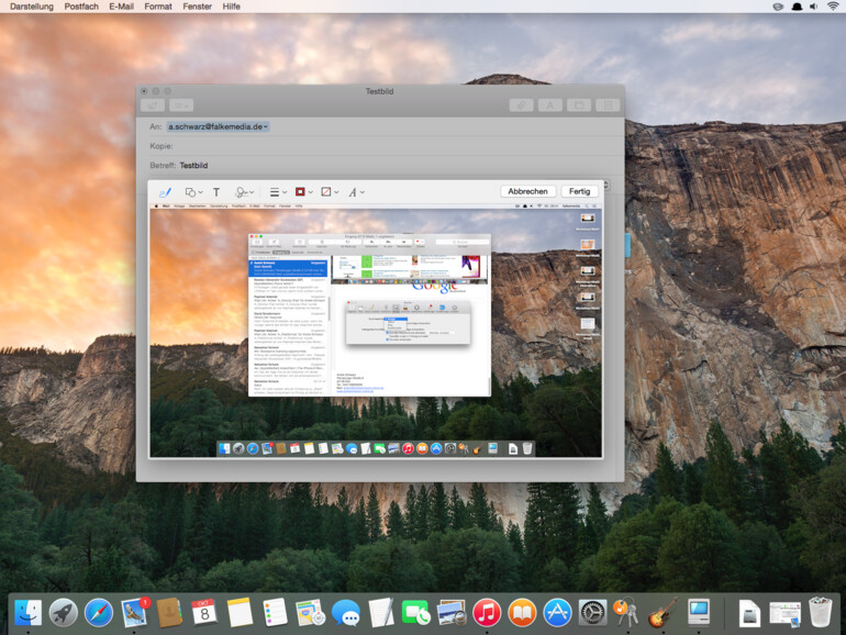 Erstellen Sie beispielsweise eine neue Mail und hängen ein Bild an. Wenn Sie nun mit dem Mauszeiger in die rechte obere Ecke des Bildes fahren, erscheint ein kleines Dreieck mit „Markierungen“ und „Mehr...“.