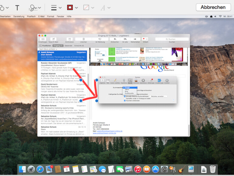 Wenn Sie auf den Zeichenstift klicken, können Sie frei im Bild herumzeichnen. Hier wurde ein Pfeil eingezeichnet. Mit einem Klick können Sie alle Objekte auch nachträglich frei über dem Bild bewegen.