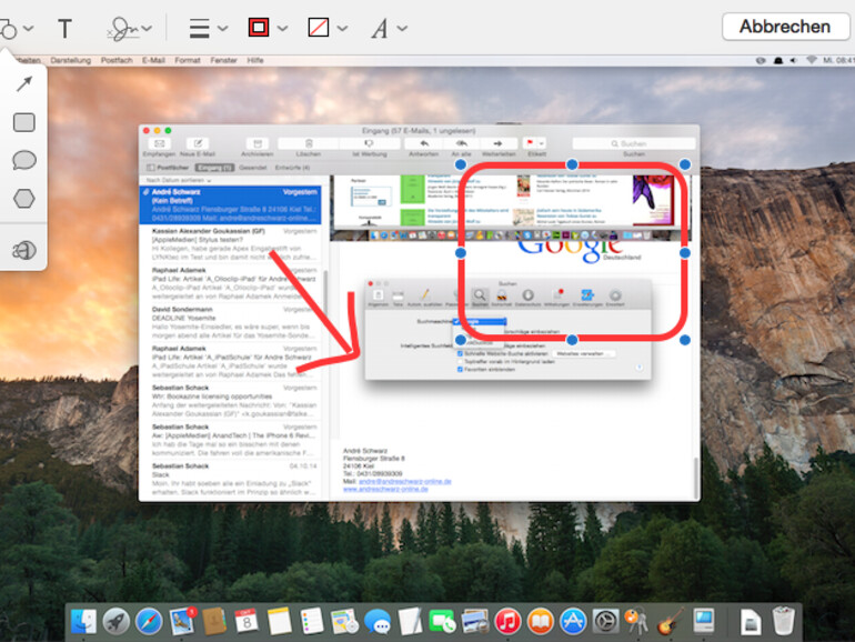 Sie können auch Objekte wie Kästen und Ähnliches einfügen. Das Markierungswerkzeug bietet hier eine ausreichende Auswahl an Möglichkeiten, Farben und Formen an. Auch fertige Pfeile sind möglich.