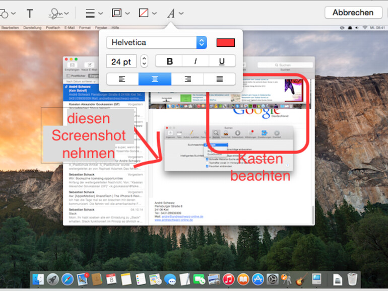 Texte können mit dem Texttool eingefügt und frei platziert werden. Die Formatierungsmöglichkeiten, die angeboten werden, dürften für die meisten Fälle ausreichend sein. Sie können alle Systemschriften nutzen.