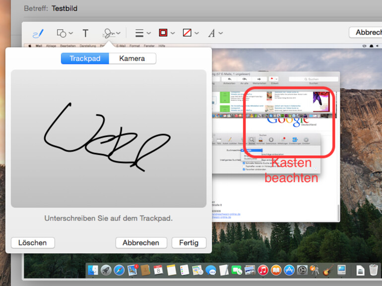 Eine sehr gute Funktion ist die Möglichkeit, digital zu unterschreiben. Besitzer eines Trackpads können dabei einfach Ihre Unterschrift mit dem Finger auf das Trackpad „schreiben“. Das klappt besser als vermutet.