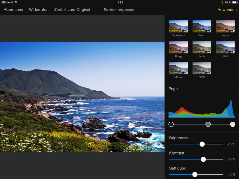 Für schnelle Farbänderungen liefert Pixelmator acht Presets mit
