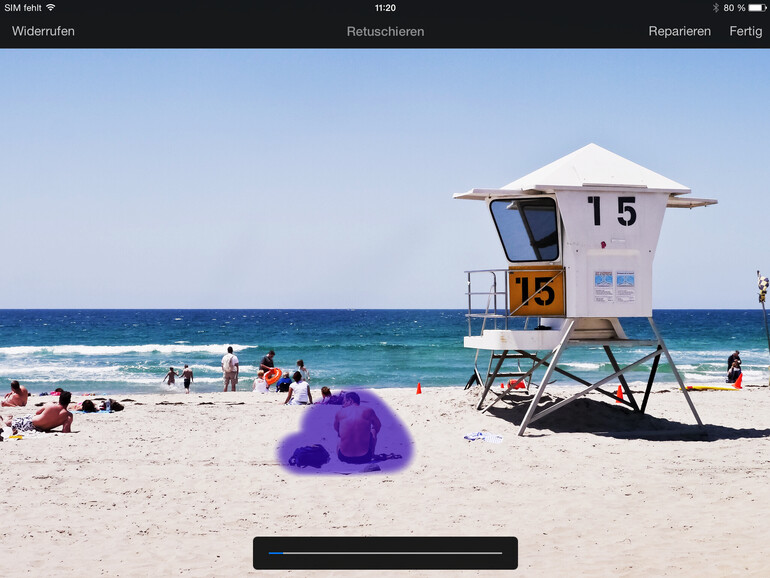 Störende Bildelemente markieren Sie einfach mit dem Reparieren-Werkzeug und Pixelmator rechnet diese heraus
