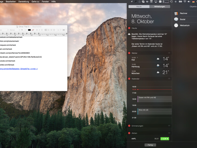 Aufgemotzte Mitteilungszentrale unter OS X 10.10 Yosemite
