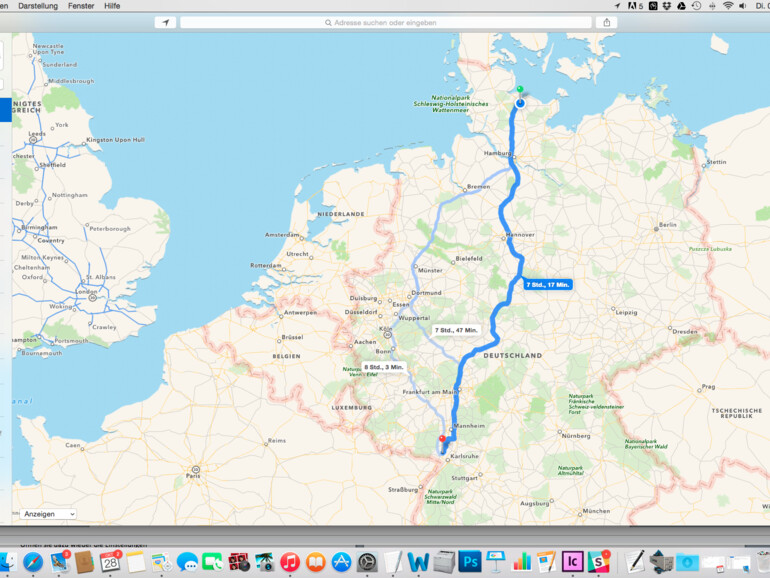 Geben Sie nun den Endort ein. Die App berechnet nun die Route. Alternativrouten werden ebenfalls angezeigt