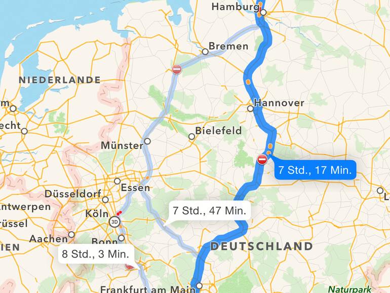 Die Route wird nun in der Karten-App angezeigt