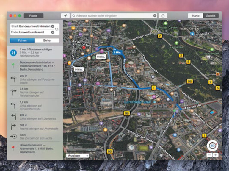 Die Karten-App bietet in der Regel drei alternative Routen für die Reise mit dem Auto und zu Fuß an. Leider lassen sich keine Zwischenziele festlegen