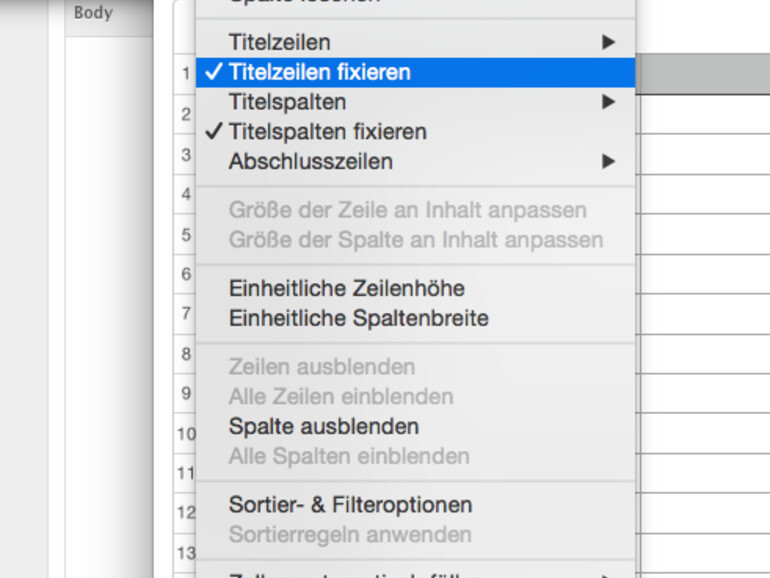 Setzen Sie einen Haken bei "Titelzeilen fixieren"