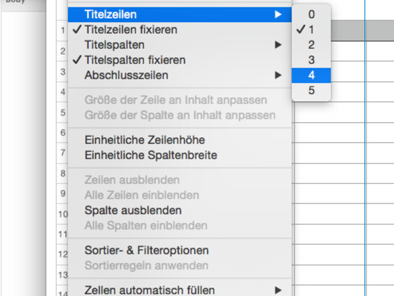 Sie können auch mehrere Titelzeilen oder -spalten definieren.