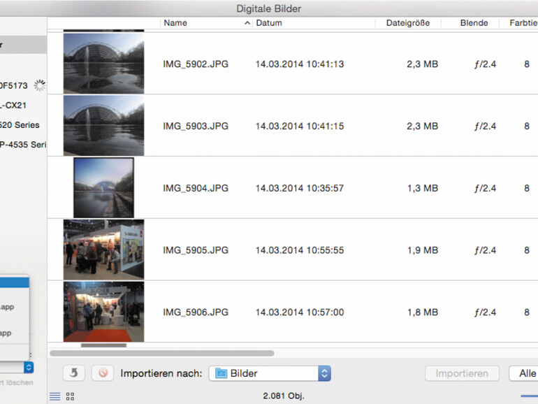 03: Über das Menü unten links legen Sie fest, was passieren soll, wenn dieses iPhone angeschlossen wird und ob die Bilder nach dem Import auf dem iPhone gelöscht werden sollen.