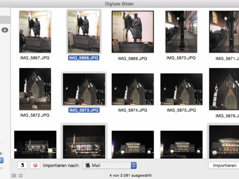06: Bildauswahl: Klicken Sie auf das erste Bild, halten Sie dann die [cmd]-Taste gedrückt und klicken Sie alle weiteren Bilder an, die Sie importieren möchten.