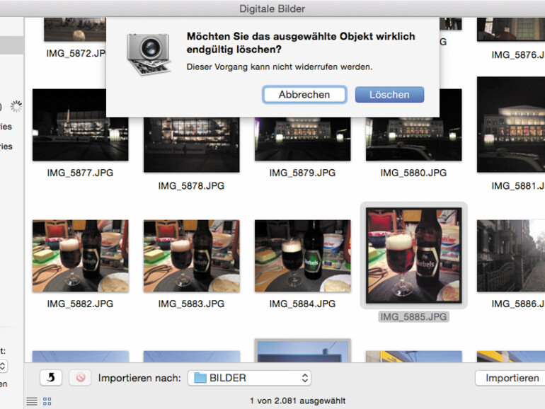 09: Möchten Sie Bilder auf dem iPhone löschen, müssen Sie diese markieren und auf das kleine Verbotssymbol klicken. Bestätigen Sie die Abfrage mit einem Klick auf „Löschen“.