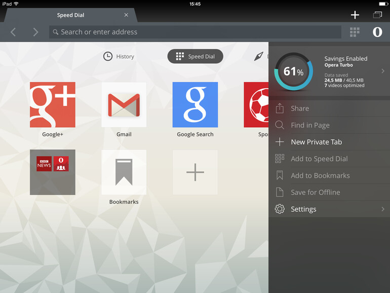Datenersparnis-Anzeige in Opera mini 9 auf dem iPad