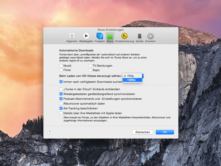 Auflösung des Filmmaterials für den Download aus dem iTunes Store einstellen