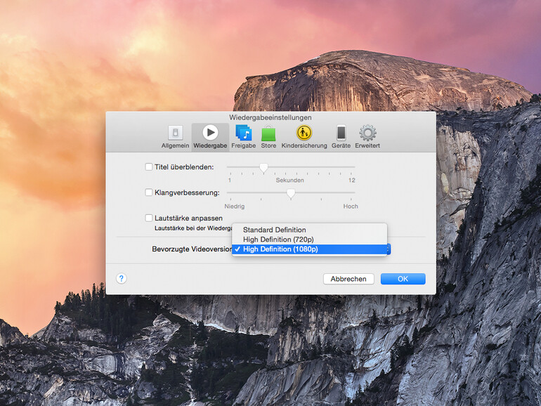 Die bevorzugte Filmauflösung für die Wiedergabe einstellen
