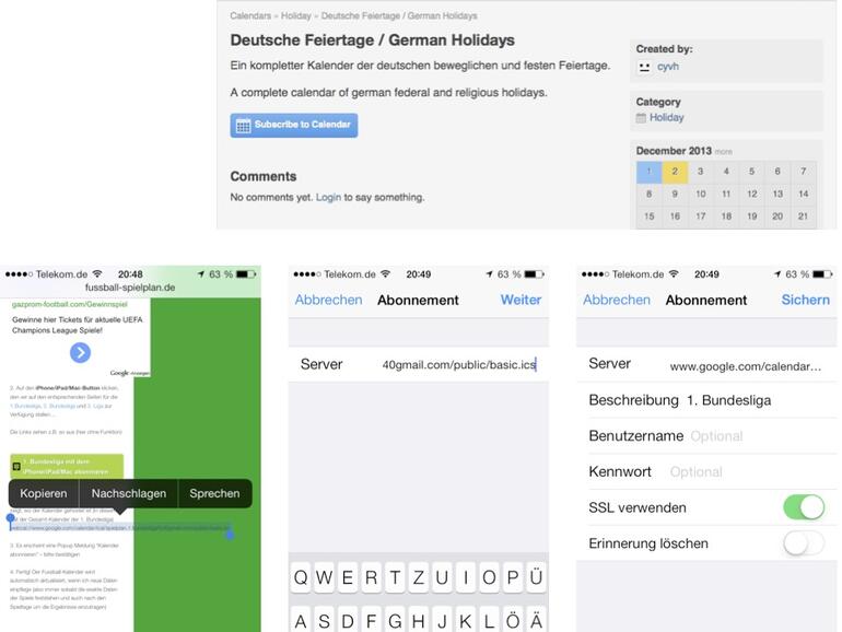 So können Sie bundesweite Feiertage als Kalenerabo ins iPhone übernehmen. iCal-Server-Adresse kopieren (links), in den Kalenderabos eintragen (Mitte) und mit eindeutiger Beschreibung versehen (rechts)