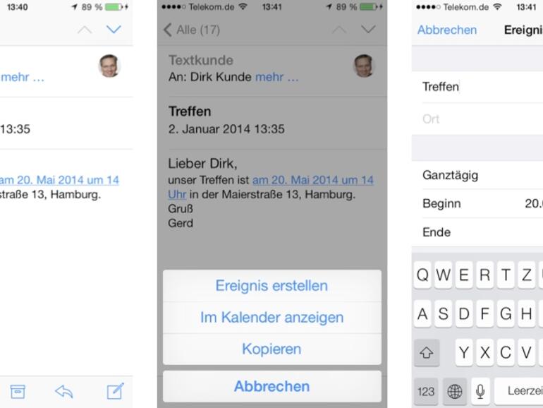 Sie könne auch die Daten für einen Termin aus einer Mail für einen Kalendereintrag übernehmen