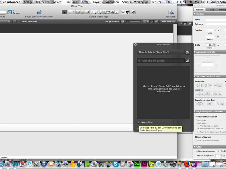 Schritt 1: Beim Start öffnet sich ein leeres Fenster und die Feldauswahl. Mit dem Plus links unten erstellen Sie ein neues Feld. Geben Sie nun die benötigten Elemente an. Achten Sie auf sinnvolle Bezeichnungen, vermeiden Sie Abkürzungen.