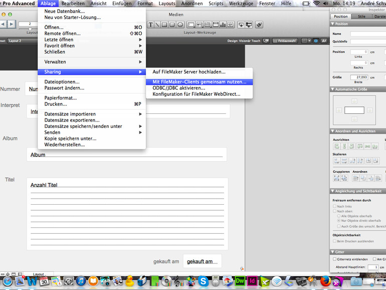 Schritt 6: Haben Sie Ihre Datenbank fertig, können Sie diese fürs iPad freigeben. Klicken Sie auf „Ablage &gt; Sharing &gt; Mit FileMaker Clients gemeinsam nutzen“. Nun können Sie noch Rechte vergeben, falls notwendig.