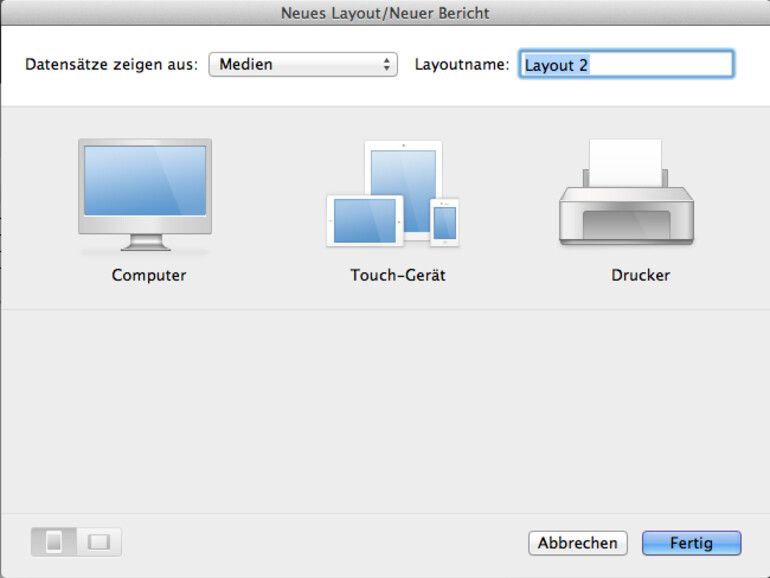 Schritt 5: Sie können auch direkt Layouts fürs iPad erstellen. Klicken Sie auf „Neues Layout“ und wählen dann „Touch-Gerät“. Es erscheint eine Auswahl an Endgeräten. Sie können aber auch eigene Abmessungen von Hand eingeben.