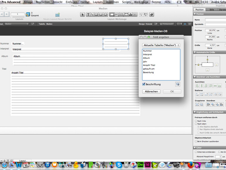 Schritt 3: Mit Klick aufs Feldwerkzeug können Sie Felder einfügen. Ziehen Sie einen Platzhalter auf, und wählen Sie, welches Feld erscheinen soll. Sie können diese frei platzieren und haben eine Vielzahl an Gestaltungsmöglichkeiten.