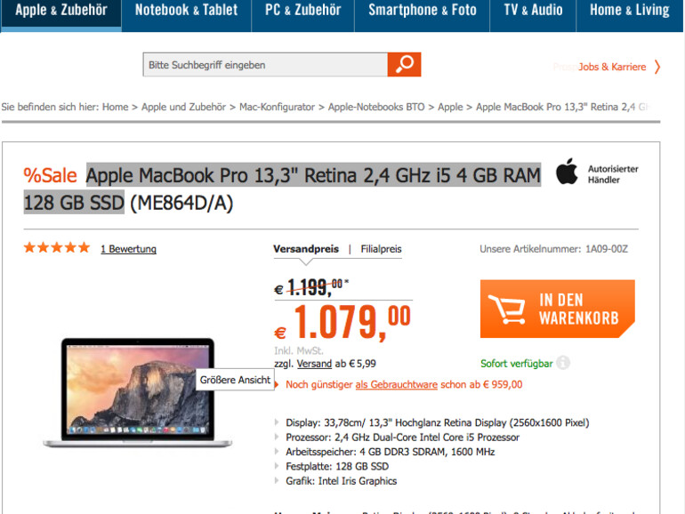 Cyberport: Rabatt auf MacBook Pro 13 Zoll