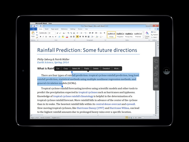 Textauswahl in Word (Windows) auf dem iPad