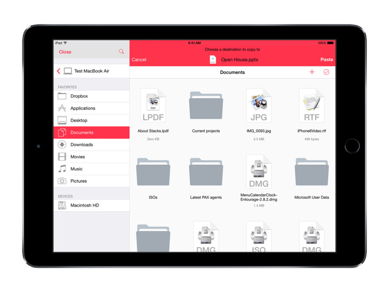 Dateimanager von Parallels Access auf dem iPad