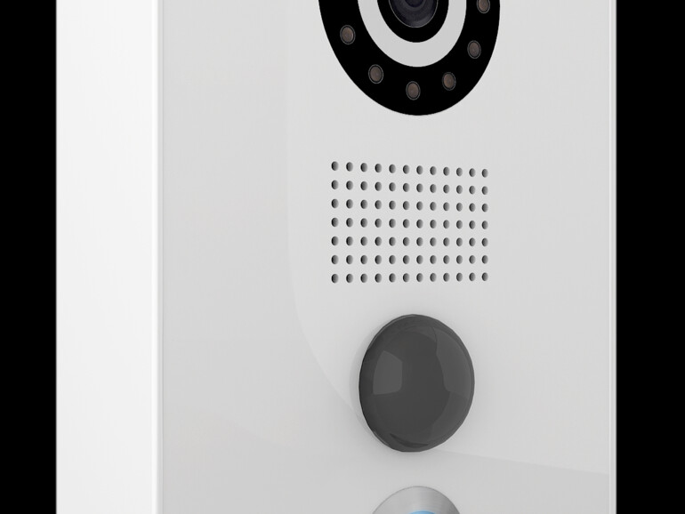 DoorBird kommt mit einer Kamera, Infrarot-LEDs, einem auf Sprache optimierten Lautsprecher und Mikrofon, einem 180-Grad-Bewegungsmelder, einem Lichtsender und natürlich einem Klingelknopf.