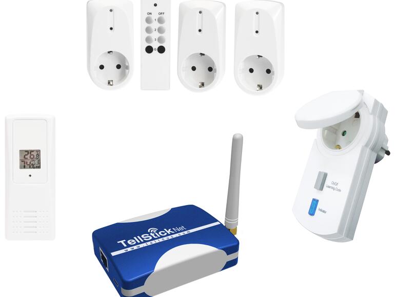 Das von Mac Life getestete Start-Up Kit Smart Home Large enthält unter anderem zwei Steckdosen-Adapter für den Innenbereich, einen für den Außenbereich und einen Thermo/Hydro-Sensor.