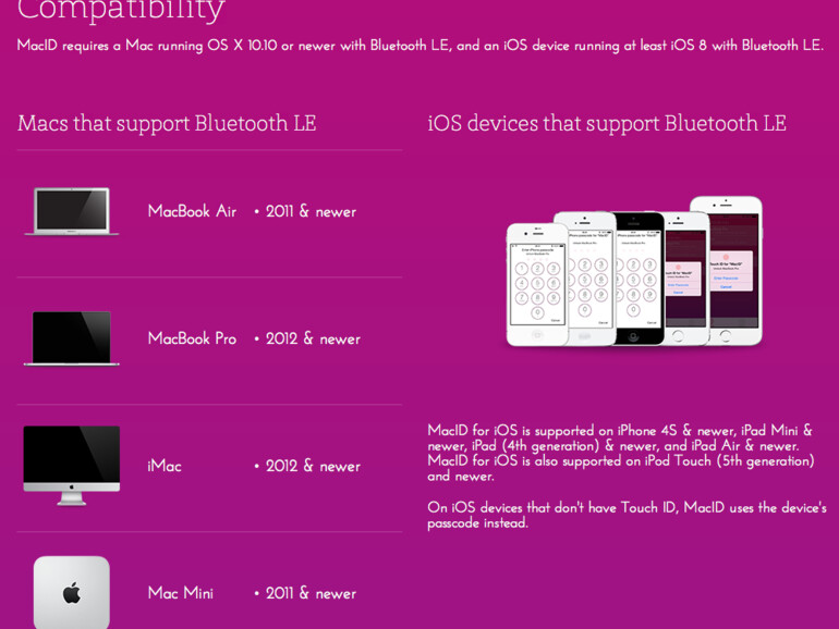 MacID hat auf der Website zur App dankenswerter Weise direkt eine schicke Übersicht, die zeigt, welche Macs und iOS-Geräte mit der App funktionieren werden.