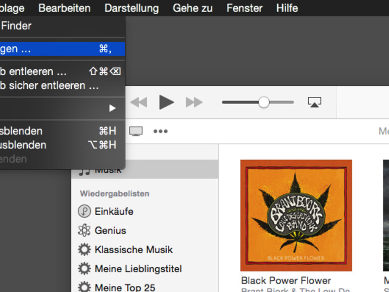 01. Um die automatische Verwaltung von Mediendateien zu deaktivieren, wählen Sie zuerst im Menü iTunes den Punkt Einstellungen aus und klicken diesen an. Es öffnet sich nun ein neuer Dialog.