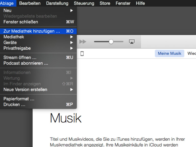 01. Um neue Musik in iTunes zu importieren, wählen Sie im Menü Ablage zuerst den Eintrag Zur Mediathek hinzufügen, oder drücken Sie die Tastenkombination [cmd] + [O].