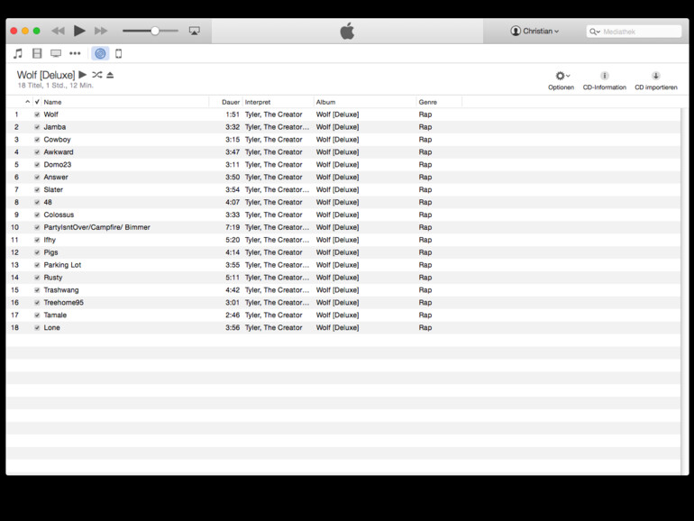 01. Legen Sie eine CD ein, so fragt iTunes Sie, ob diese automatisch importiert werden soll. Möchten Sie dies nicht, so lehnen Sie den Vorschlag ab. Sie gelangen dann zu diesem Fenster. Nun klicken Sie auf CD importieren.