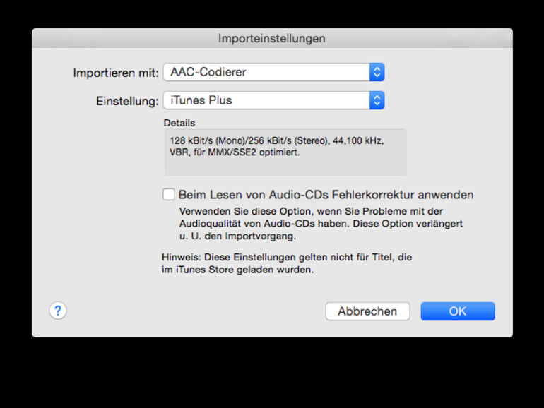 02. iTunes fragt Sie nun nach dem Audio-Codec, der benutzt werden soll. Hier können Sie AAC und iTunes Plus stehen lassen, da dies die beste Wahl ist. Bestätigen Sie die Auswahl, startet der Import.