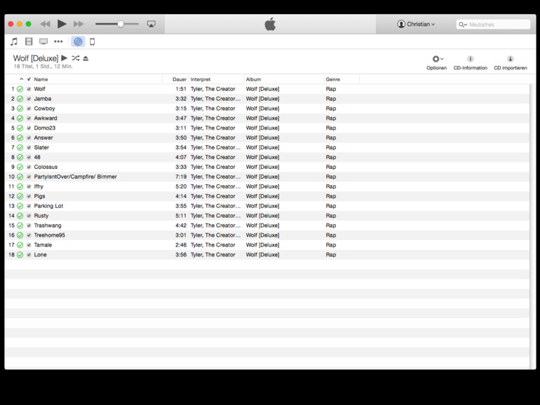 Sehen Sie, dass vor jedem einzelnen Lied einer CD ein Haken ist, so ist der Importvorgang beendet und die CD auf Ihrem Mac, inkl. Albumcover und Informationen. Klicken Sie jetzt das Symbol neben dem Namen der CD, das aussieht wie ein Dreieck mit...
