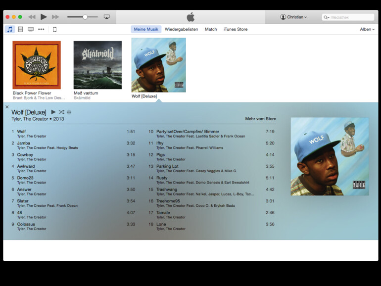 Wie Sie sehen wurden alle Infor- mationen und das Albumcover von iTunes automatisch eingefügt. Die Musik steht jetzt jederzeit für iTunes zur Verfügung.